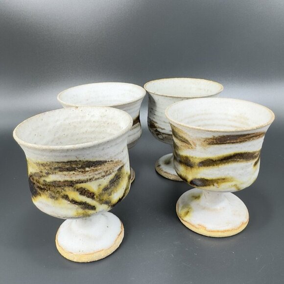 Vintage Hand Made Stoneware Pottery Footed Cups Goblets Set 4 Drip Glaze Cups - Picture 13 of 15